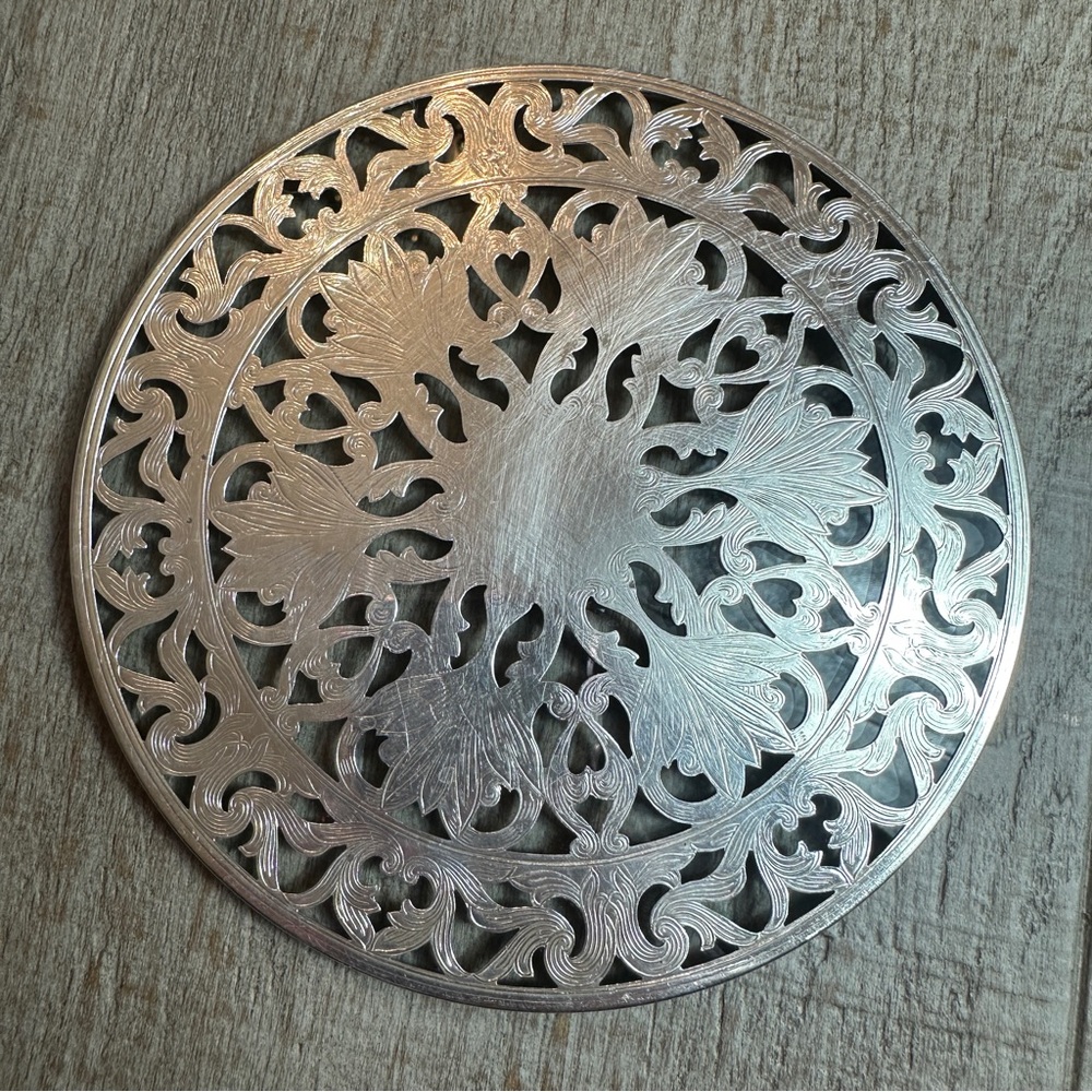 Vintage Web Sterling Silver Floral & Glass Trivet